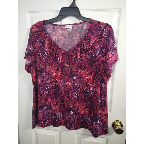 Jaclyn Smith Woman 2X* Blouse Short Sleeve Pink Purple Ruffle V Neck - Picture 1 of 7